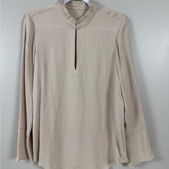 Theory Tan silk Mabrey classic shirred Collar keyhole neck bell cuff tunic - Picture 1 of 10